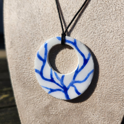 white and blue branches clay pendant necklace