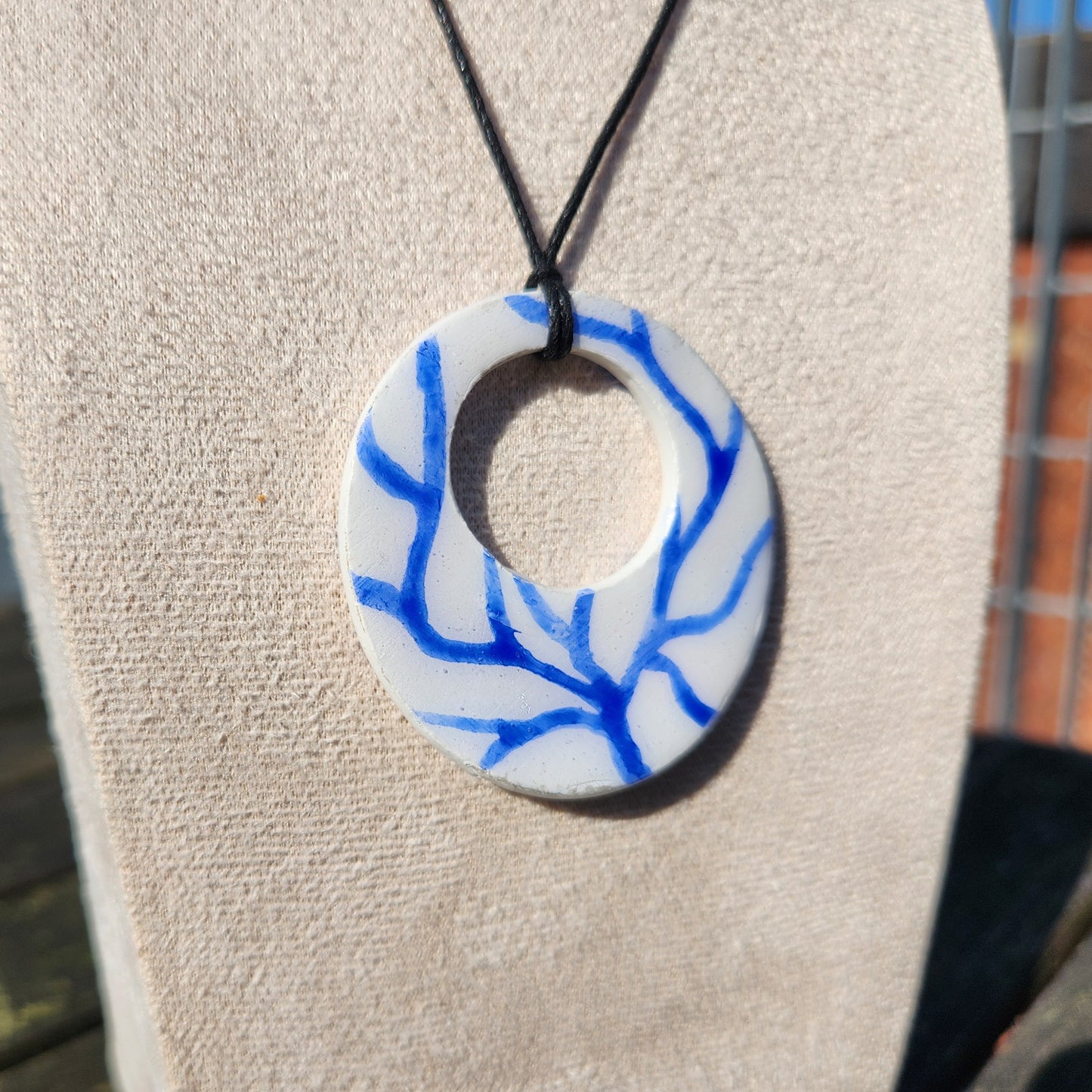 white and blue branches clay pendant necklace