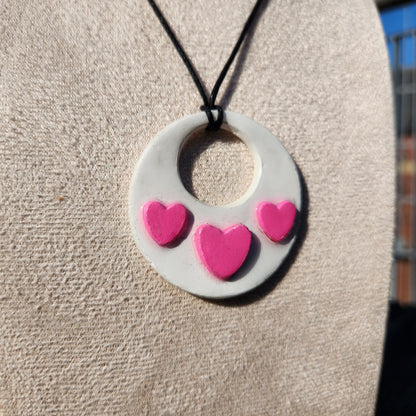 white and pink raised hearts clay pendant necklace
