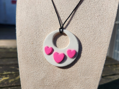white and pink raised hearts clay pendant necklace