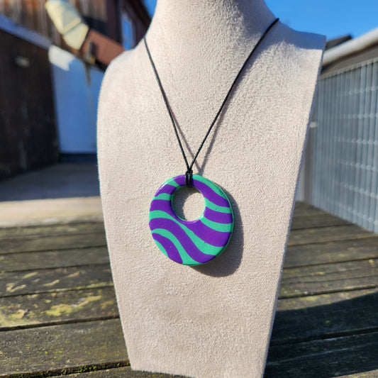 wavy green and purple clay pendant necklace