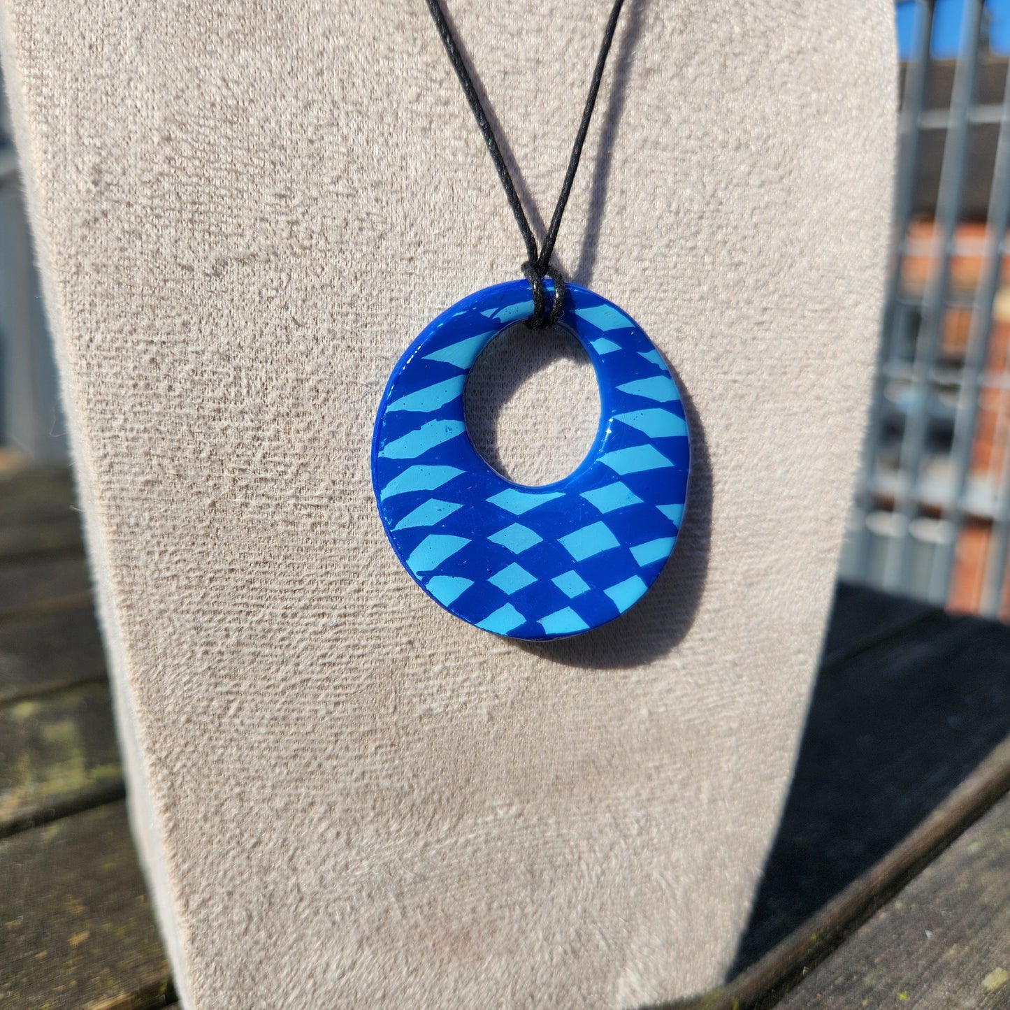 blue crosshatch clay pendant necklace