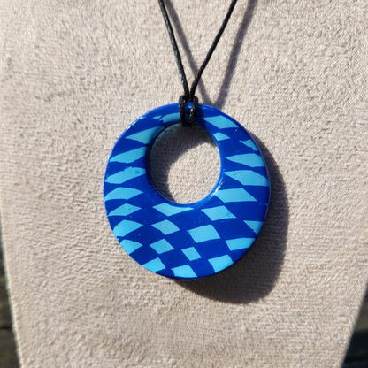 blue crosshatch clay pendant necklace