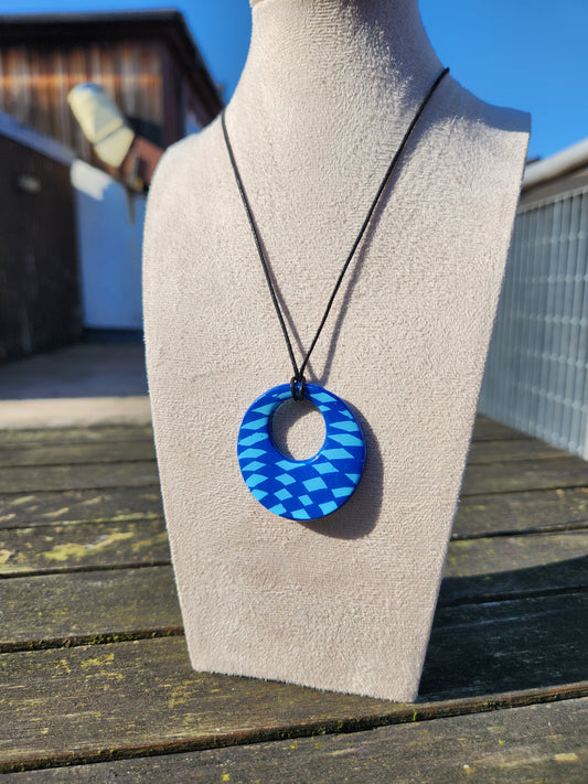 blue crosshatch clay pendant necklace