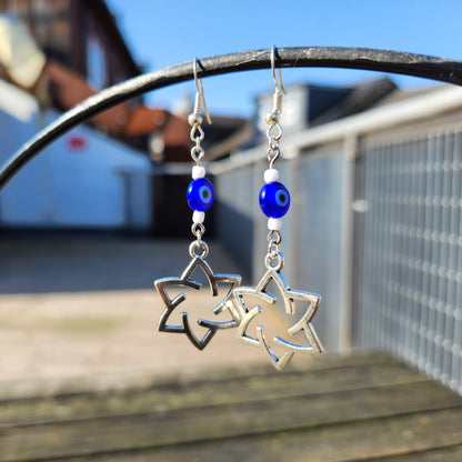 blue evil eye and white bead silver star of david earrings