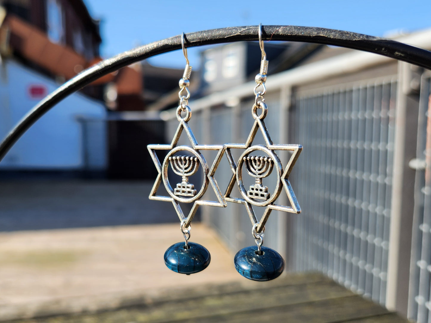 blue upcycled bead silver star of david earrings