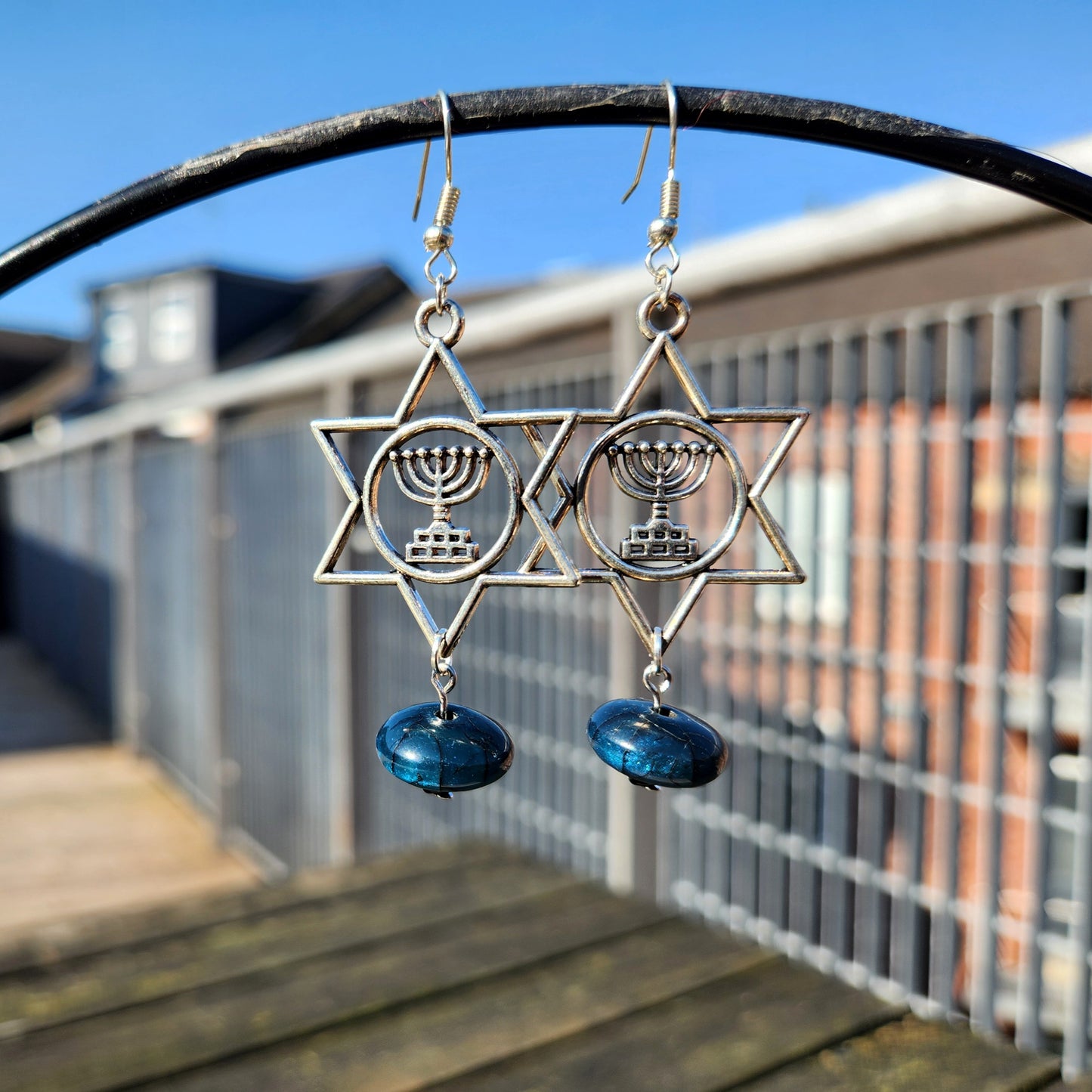 blue upcycled bead silver star of david earrings