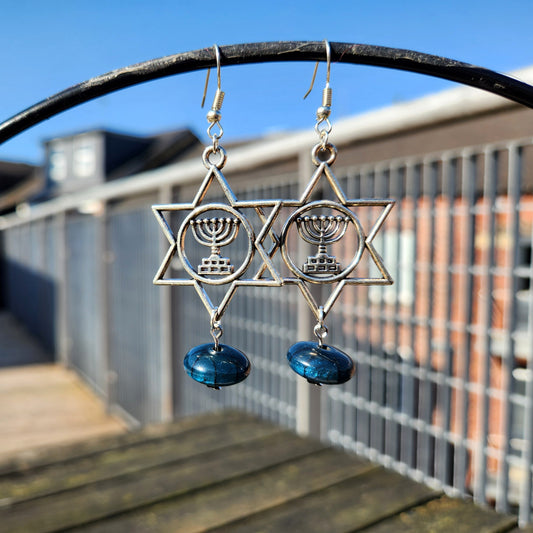 blue upcycled bead silver star of david earrings