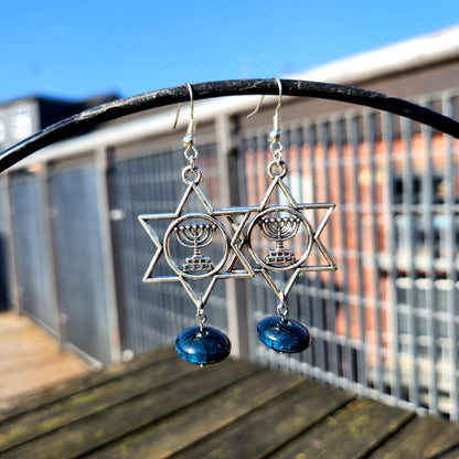 blue upcycled bead silver star of david earrings