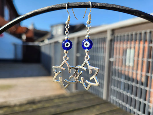 blue evil eye beaded silver star of david earrings