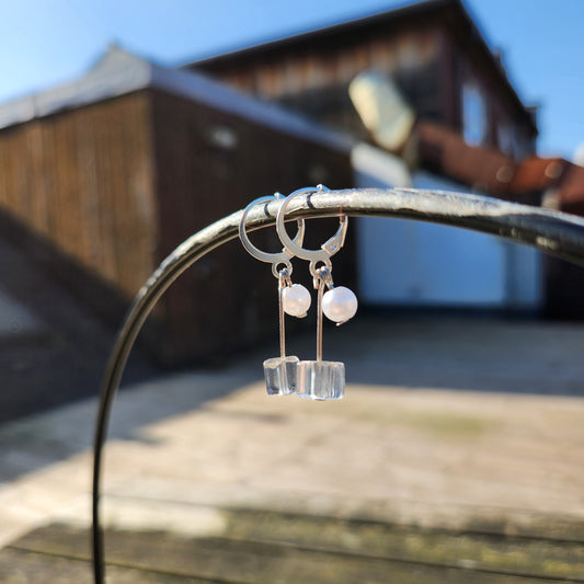 white and clear beaded silver huggie earrings