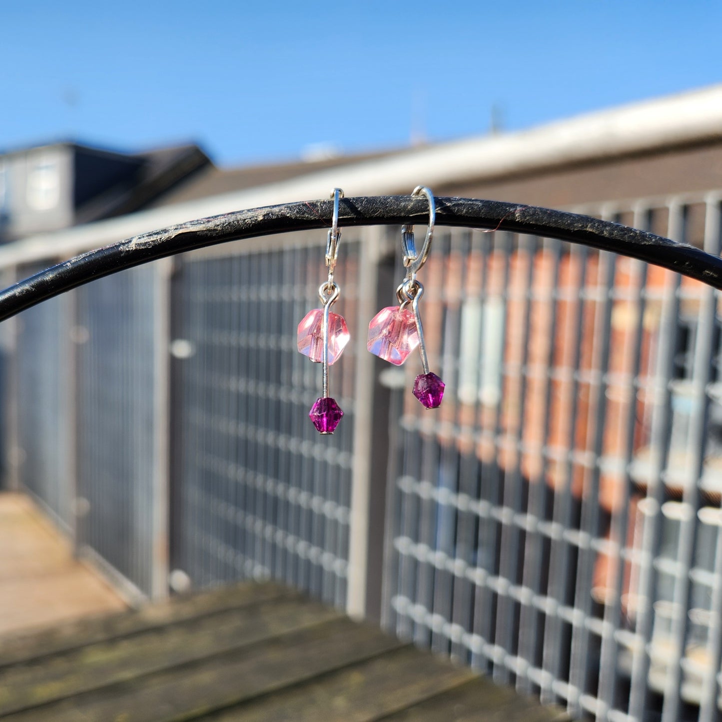 pink and purple upcycled beaded silver huggie earrings