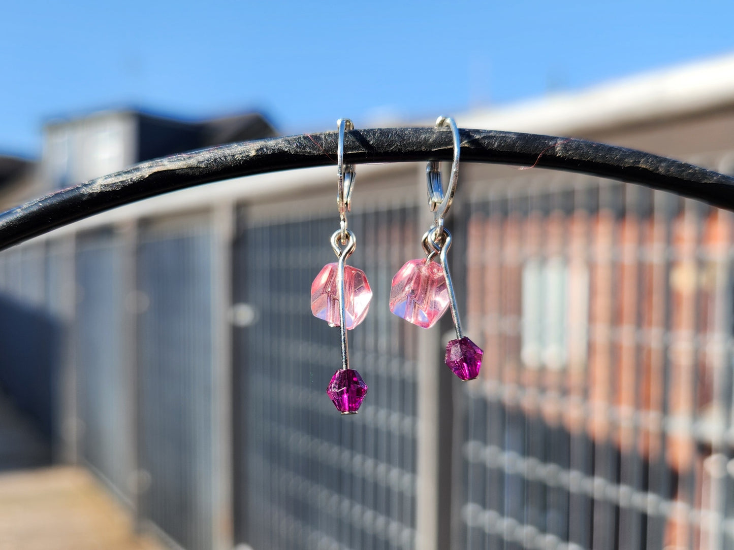 pink and purple upcycled beaded silver huggie earrings