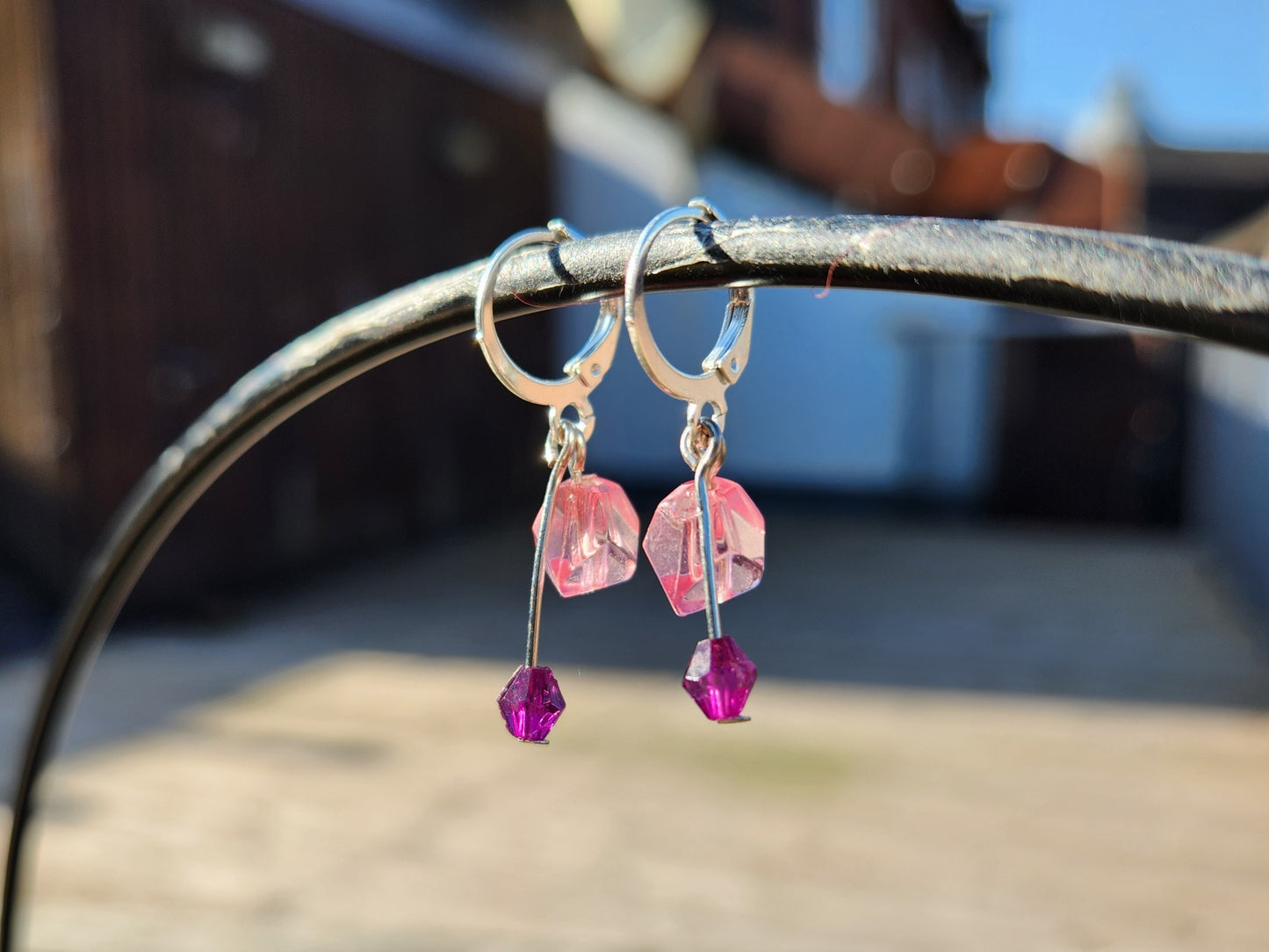pink and purple upcycled beaded silver huggie earrings