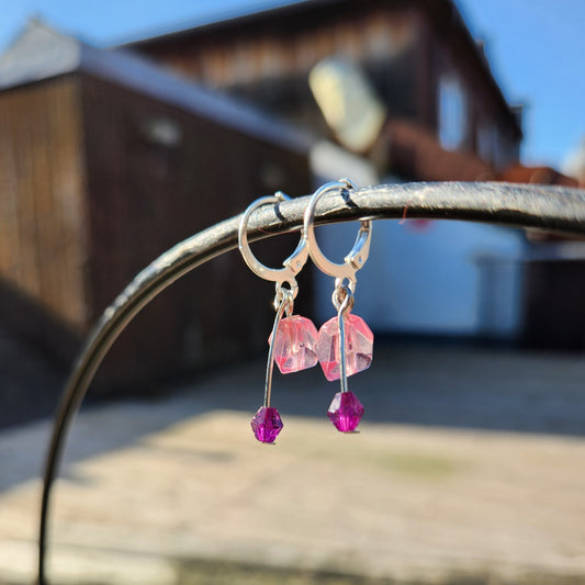 pink and purple upcycled beaded silver huggie earrings
