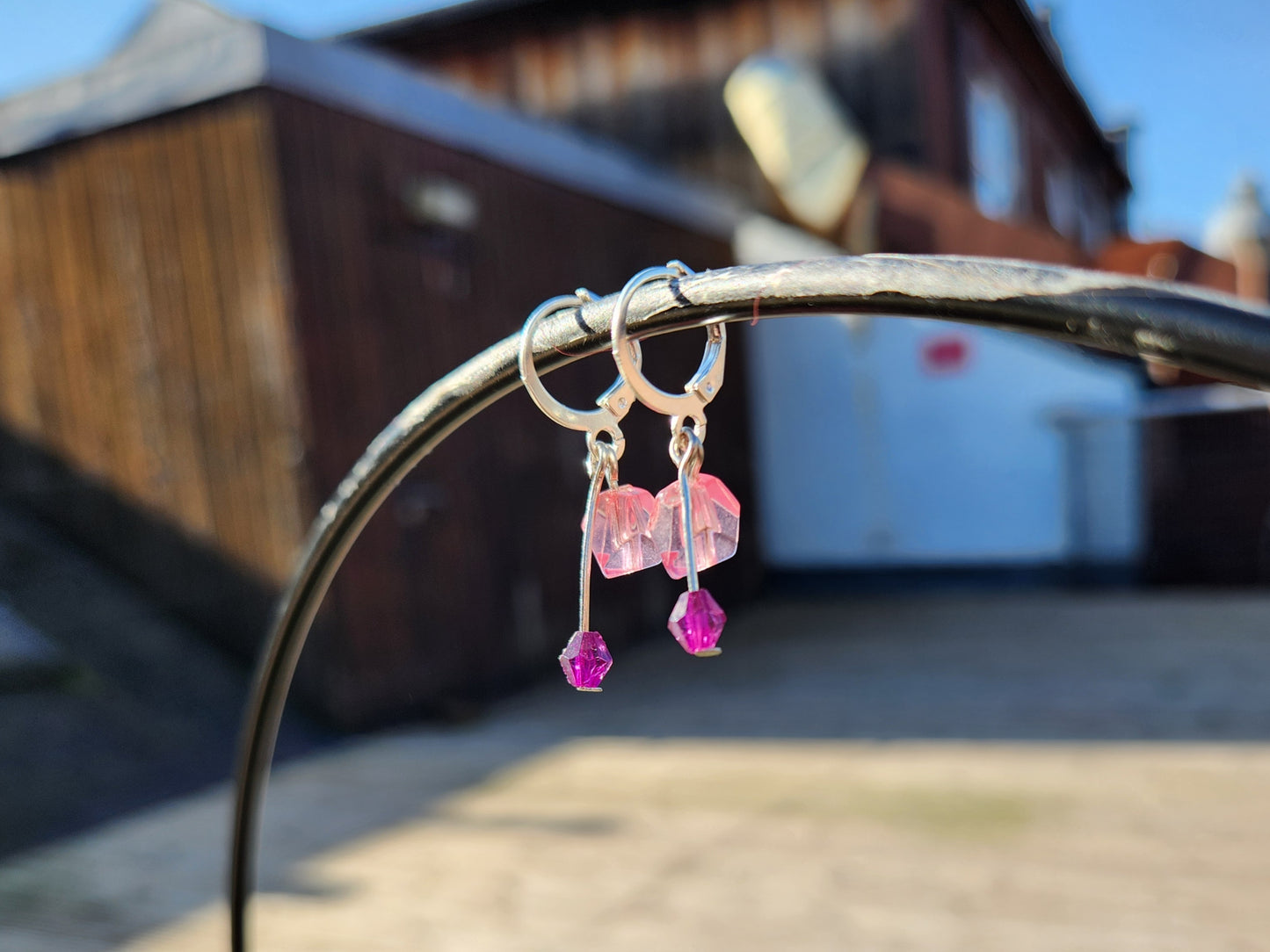 pink and purple upcycled beaded silver huggie earrings