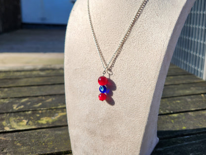 red and blue eyil eye bead pendant silver chain necklace