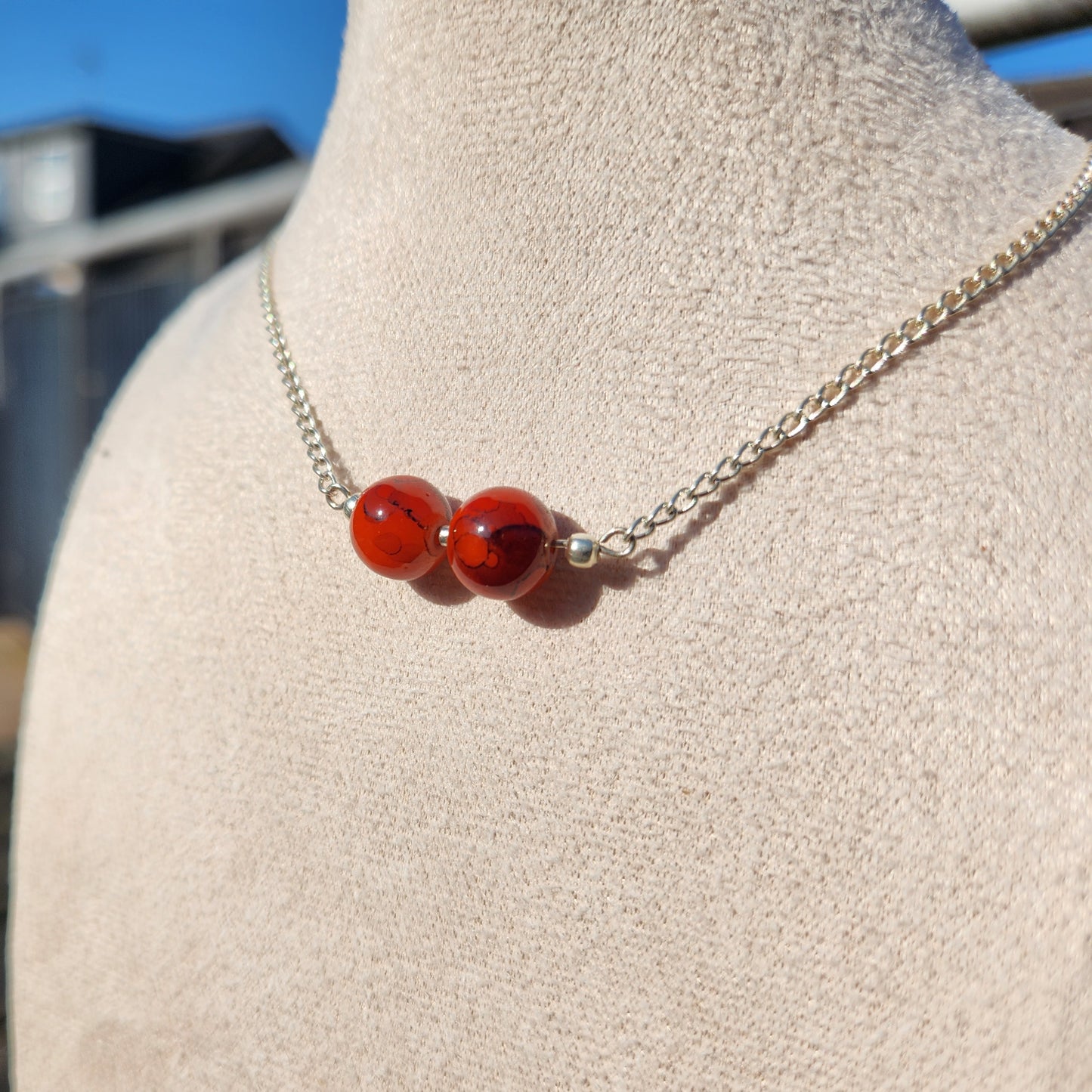 red glass beads silver chain necklace