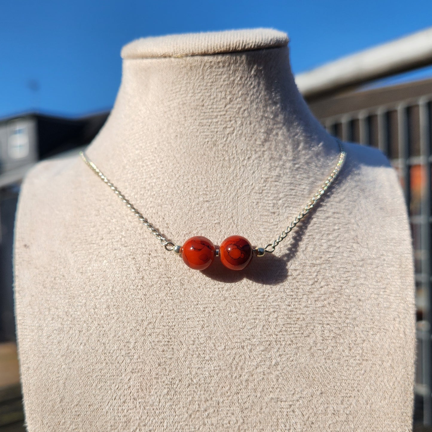 red glass beads silver chain necklace