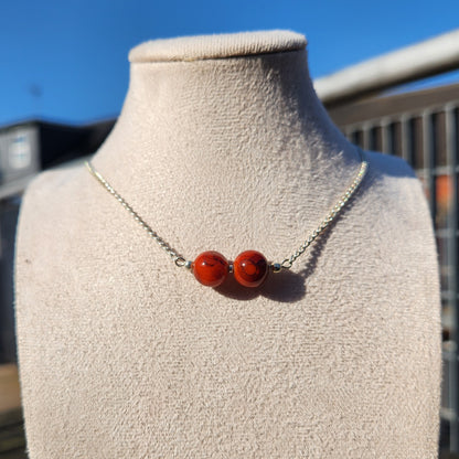 red glass beads silver chain necklace