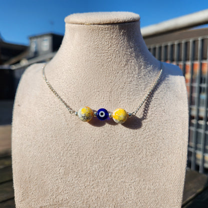 yellow and blue evil eye beaded silver chain choker necklace