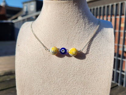 yellow and blue evil eye beaded silver chain choker necklace