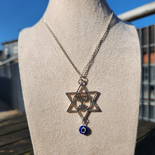 silver star of david and blue evil eye pendant chain necklace