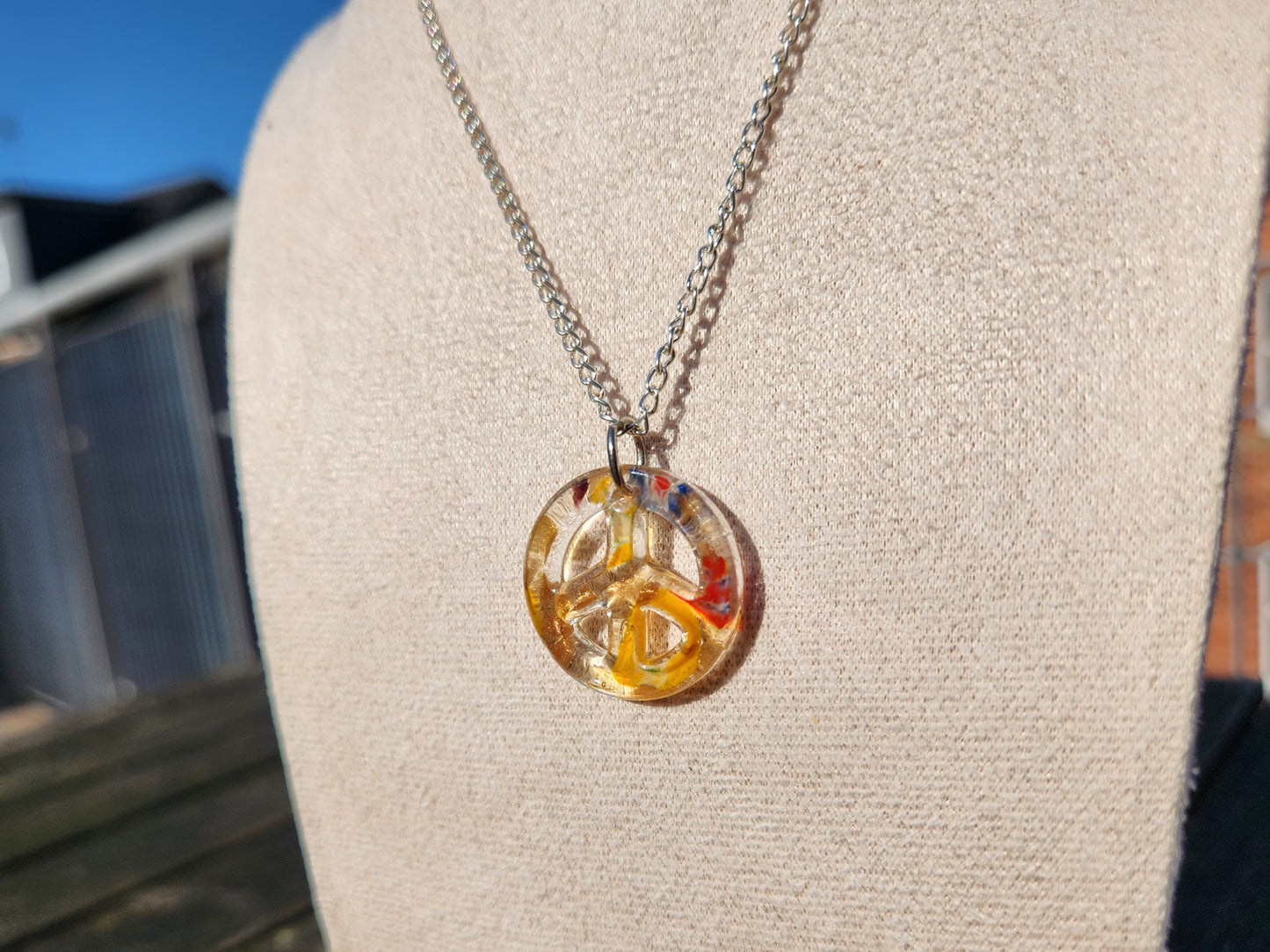 upcycled glass peace charm silver chain necklace