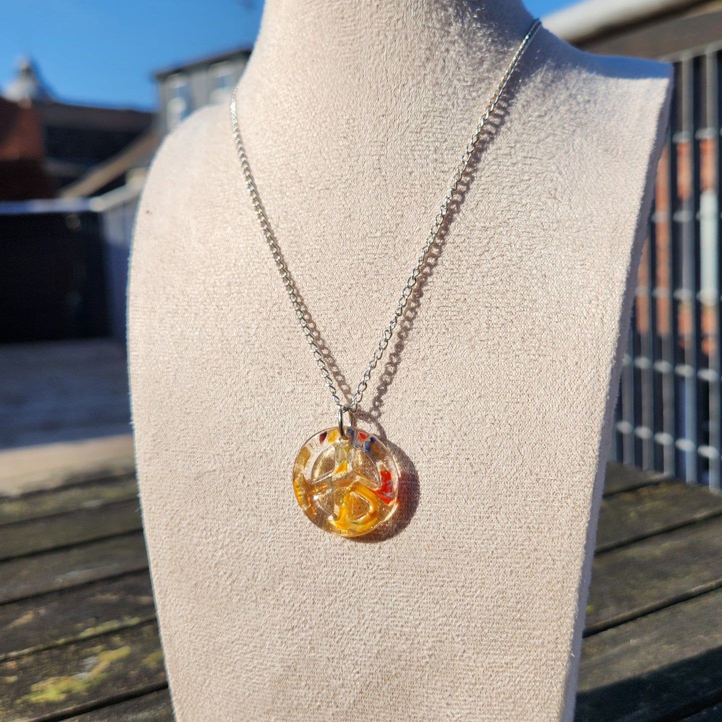 upcycled glass peace charm silver chain necklace