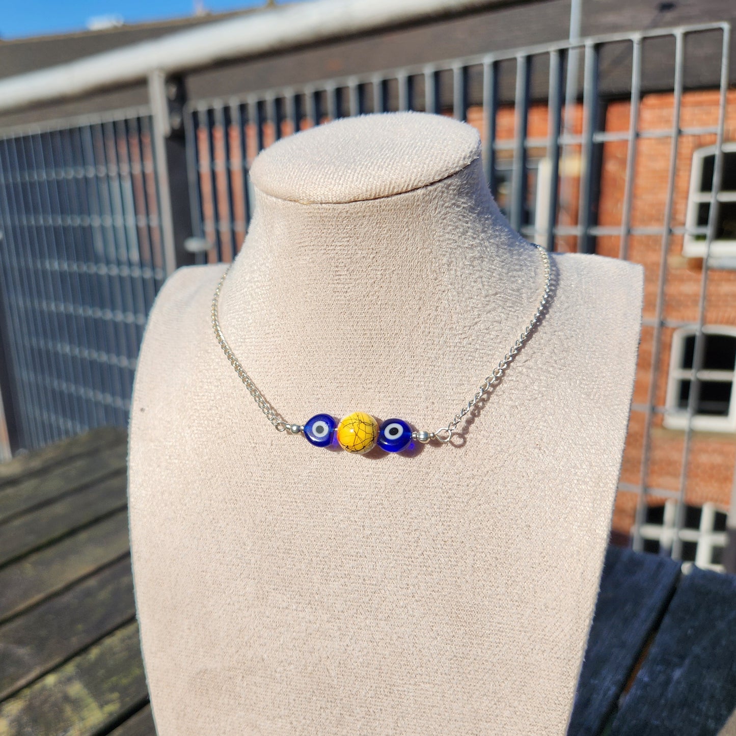 blue evil eye and yellow beads silver chain choker necklace