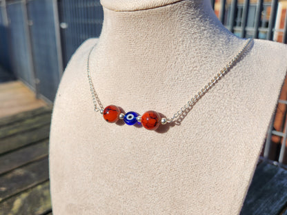 red and blue evil eye beaded silver chain necklace