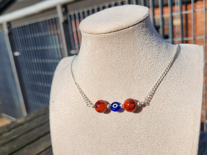 red and blue evil eye beaded silver chain necklace