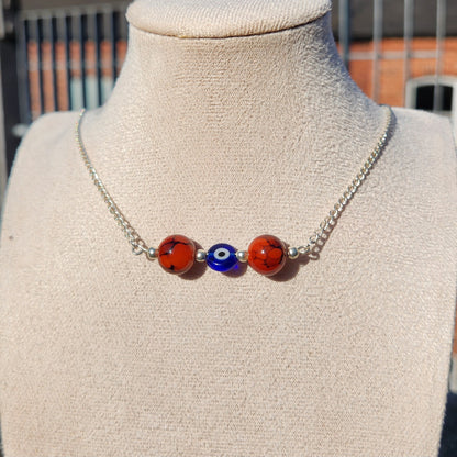 red and blue evil eye beaded silver chain necklace