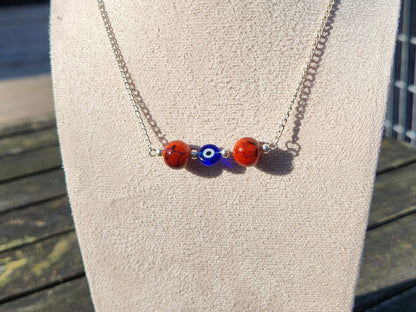 red and blue evil eye beaded silver chain necklace