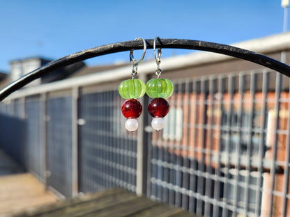 red green and white upcycled beads silver huggie earrings