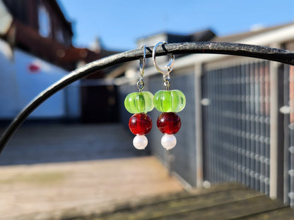 red green and white upcycled beads silver huggie earrings