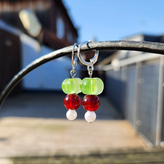 red green and white upcycled beads silver huggie earrings