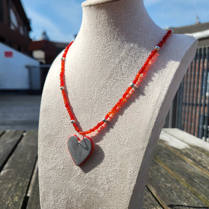 silver and red clay pendant glass beaded necklace