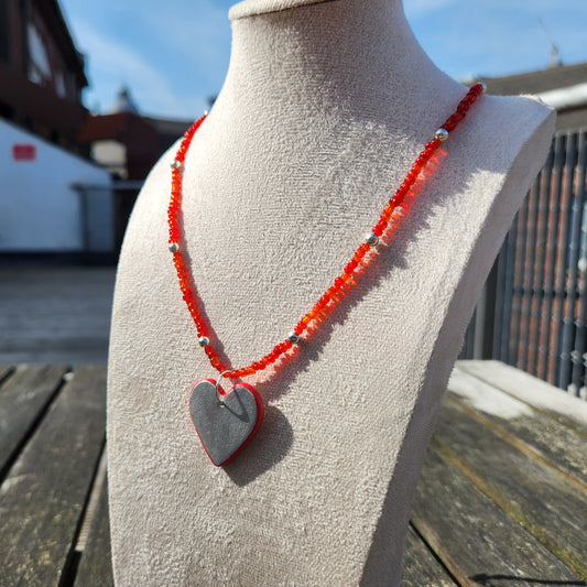 silver and red clay pendant glass beaded necklace