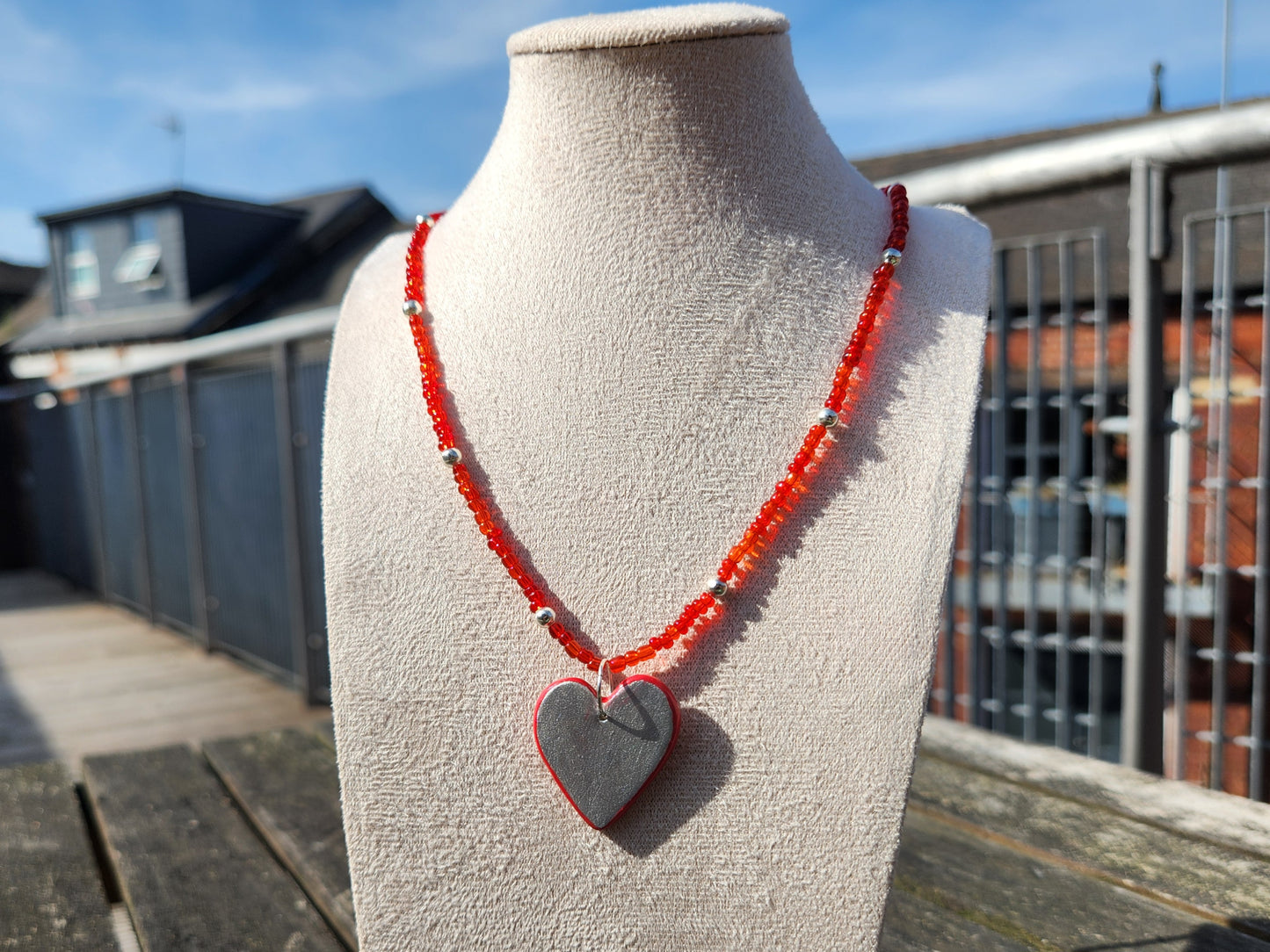 silver and red clay pendant glass beaded necklace