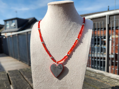 silver and red clay pendant glass beaded necklace