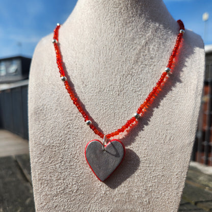 silver and red clay pendant glass beaded necklace