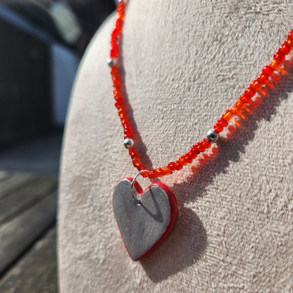 silver and red clay pendant glass beaded necklace
