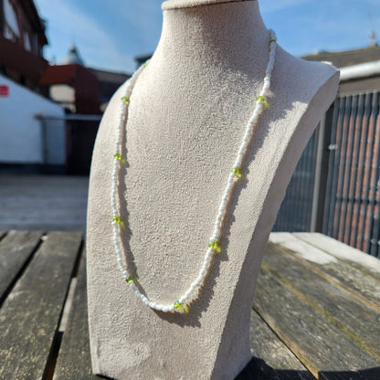 white and green glass beaded necklace