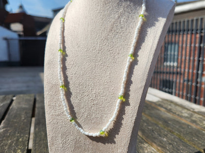 white and green glass beaded necklace