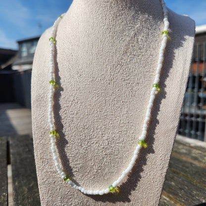 white and green glass beaded necklace