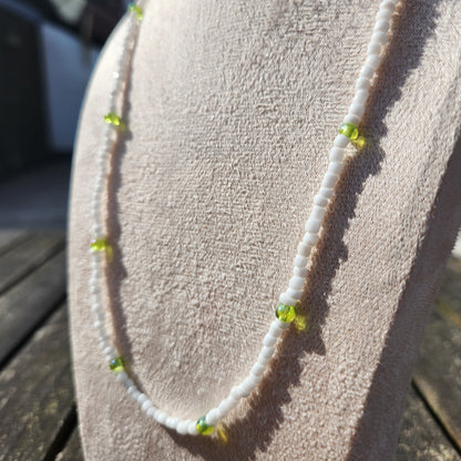 white and green glass beaded necklace