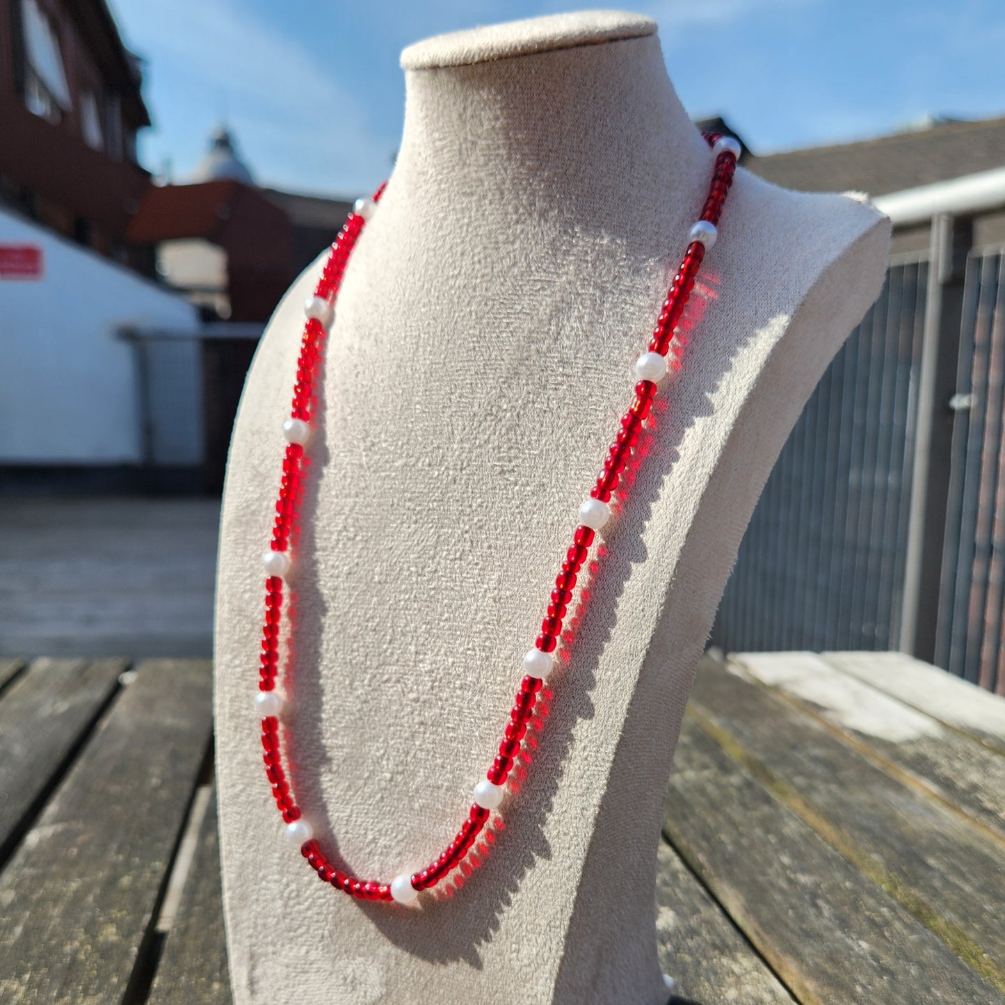 red glass and pearl beaded necklace
