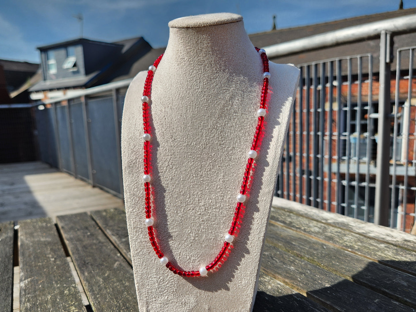 red glass and pearl beaded necklace