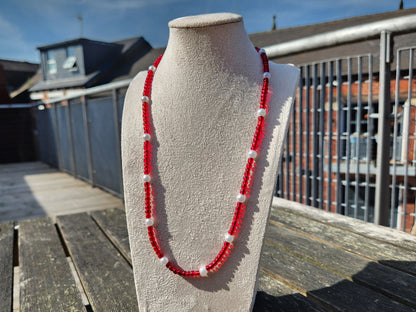 red glass and pearl beaded necklace